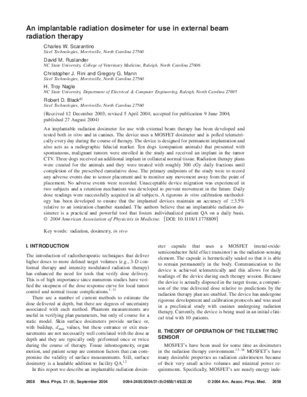 (PDF) An implantable radiation dosimeter for use in external beam ...