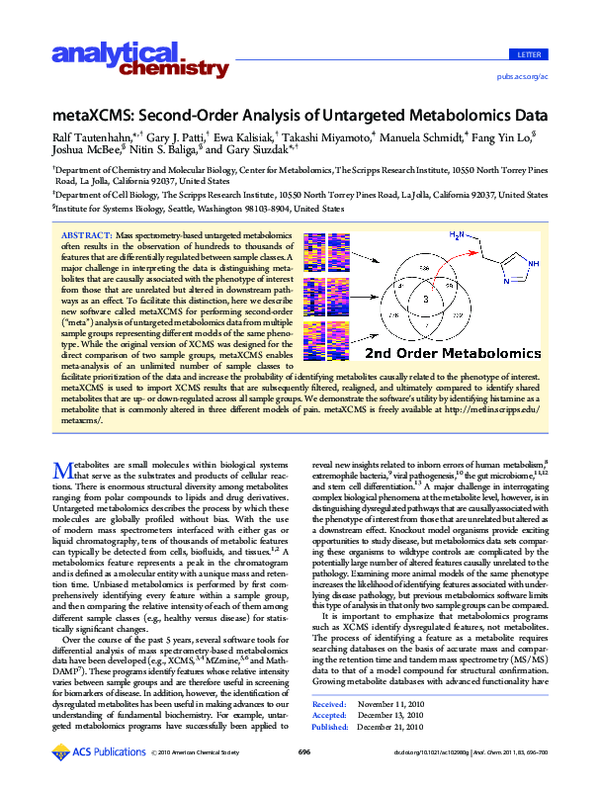 (PDF) metaXCMS: Second-Order Analysis of Untargeted Metabolomics Data