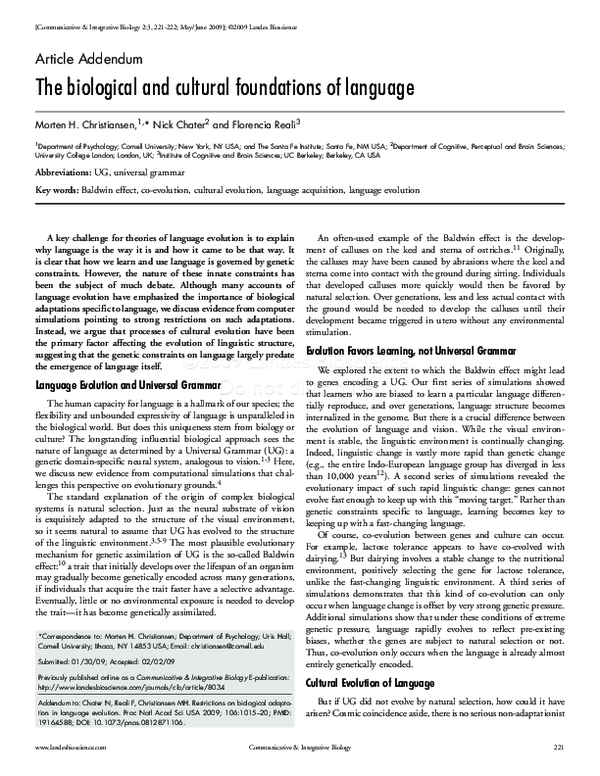 (PDF) The biological and cultural foundations of language