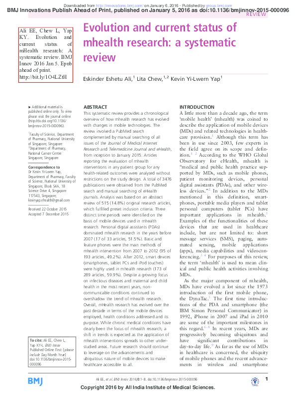 Evolution and current status of mHealth research: A systematic review