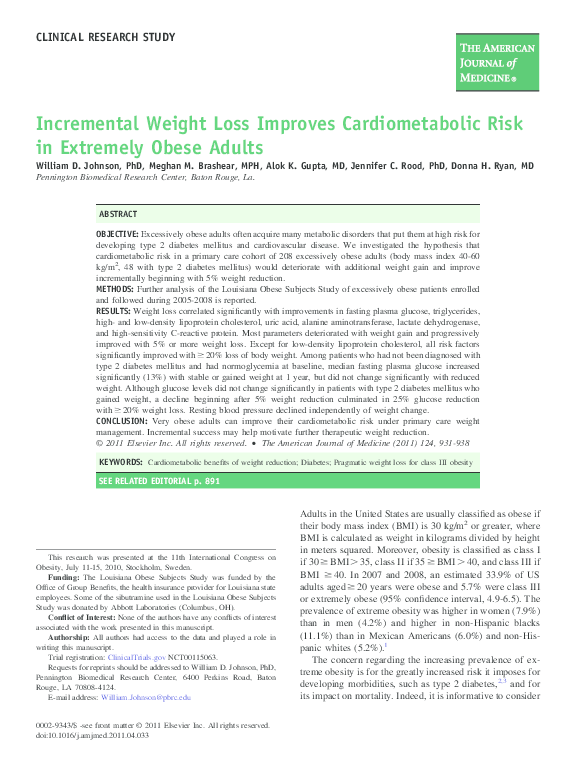 (PDF) Incremental Weight Loss Improves Cardiometabolic Risk in ...