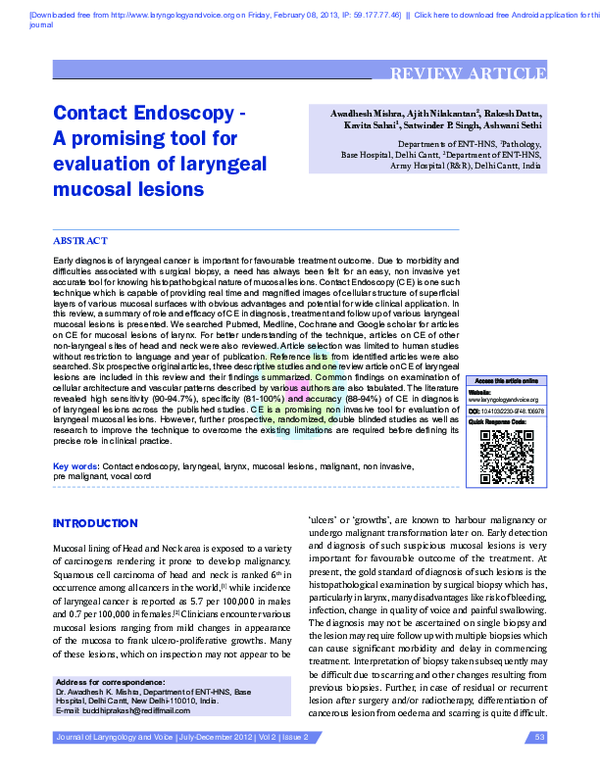 (PDF) Contact Endoscopy A promising tool for evaluation of laryngeal