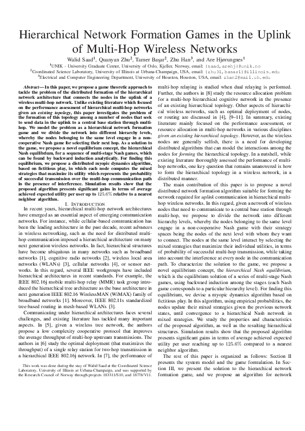 (PDF) Hierarchical network formation games in the uplink of multihop