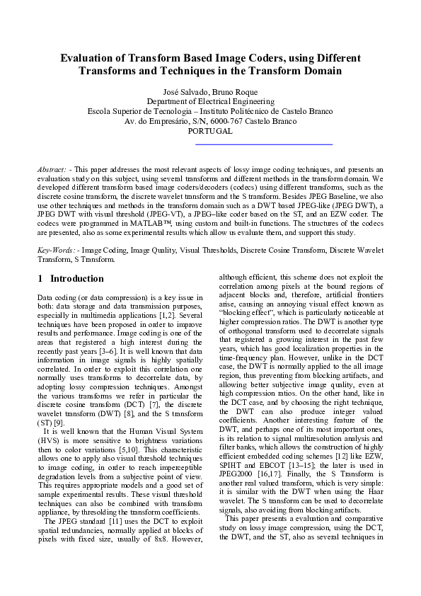 (PDF) Evaluation of Transform Based Image Coders, using Different ...