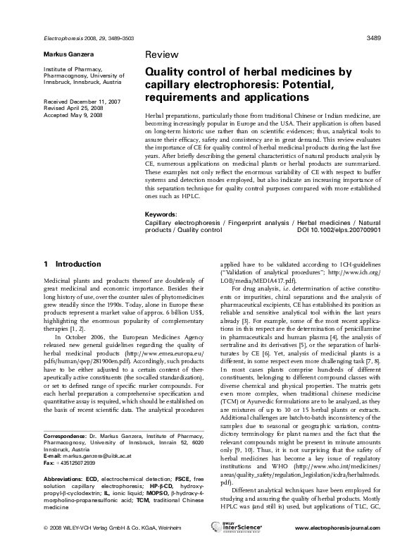 (PDF) Quality control of herbal medicines by capillary electrophoresis