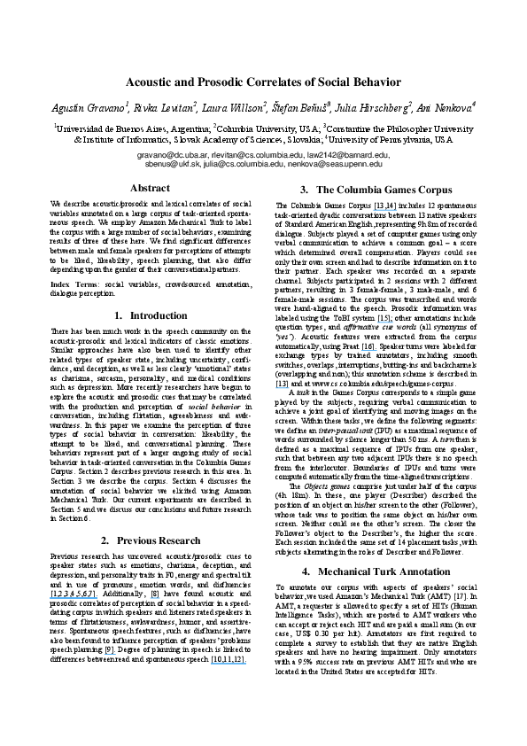 (PDF) Acoustic and Prosodic Correlates of Social Behavior