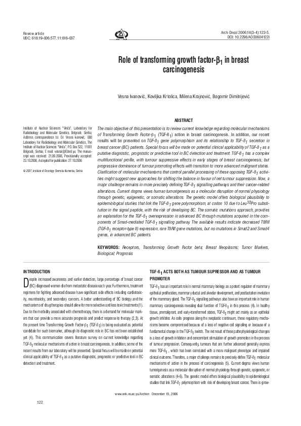 (PDF) Role of transforming growth factor-β1 in breast carcinogenesis