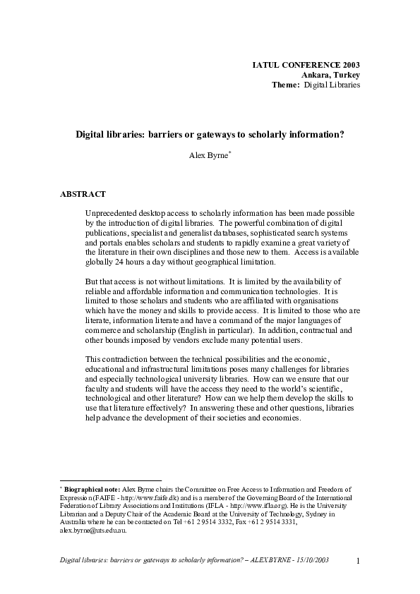 (PDF) Digital libraries barriers or gateways to scholarly information