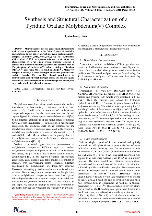 (PDF) Synthesis and Structural Characterization of a Pyridine Oxalato ...