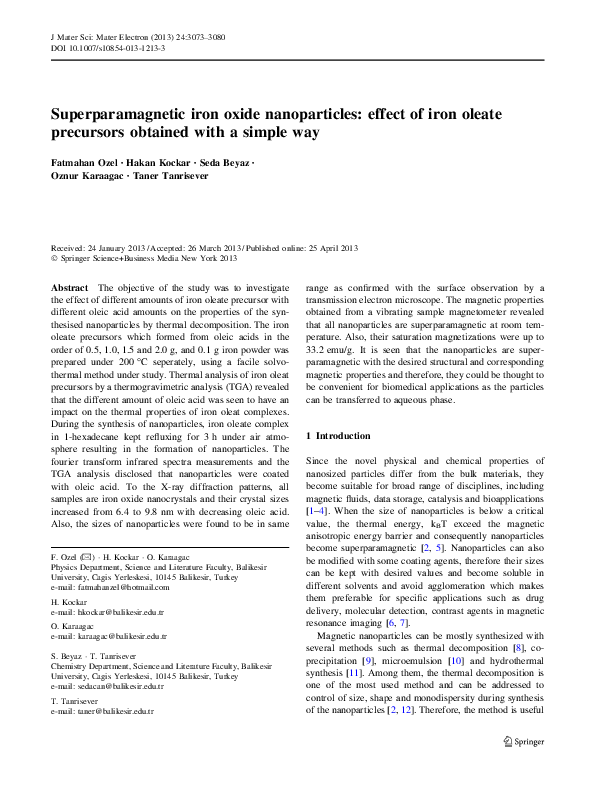 (PDF) Superparamagnetic iron oxide nanoparticles: effect of iron oleate ...