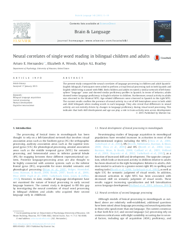 (PDF) Neural correlates of single word reading in bilingual children ...