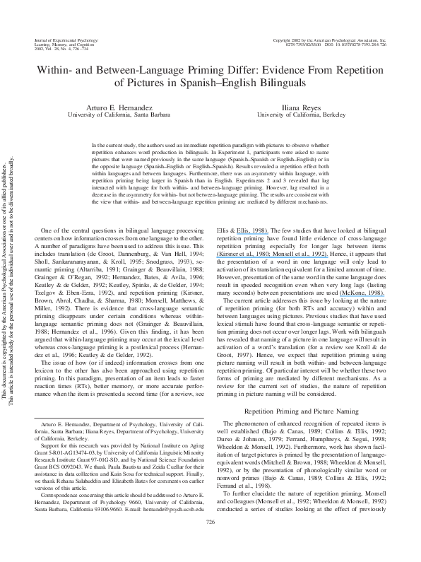 (PDF) Within and betweenlanguage priming differ Evidence from