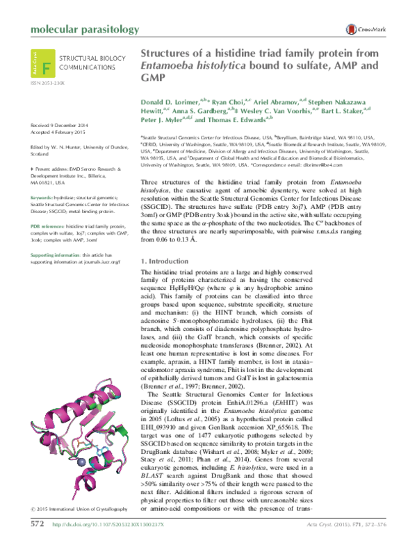(PDF) Structures of a histidine triad family protein from Entamoeba ...