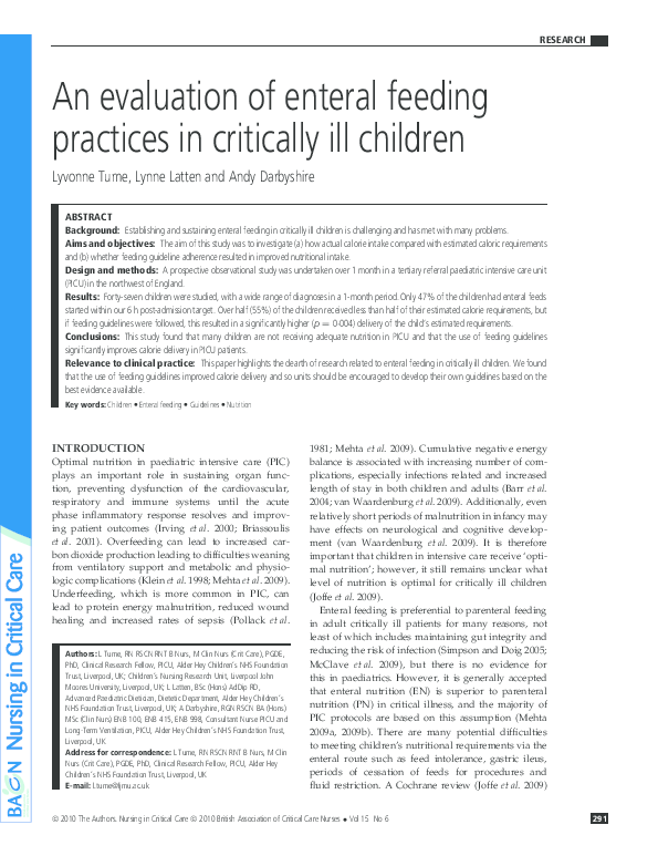 (PDF) An evaluation of enteral feeding practices in critically ill children