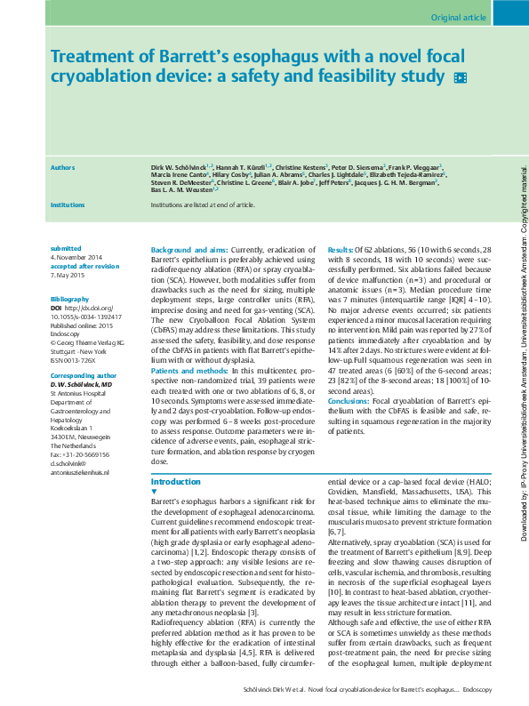 (PDF) Treatment of Barrett’s esophagus with a novel focal cryoablation