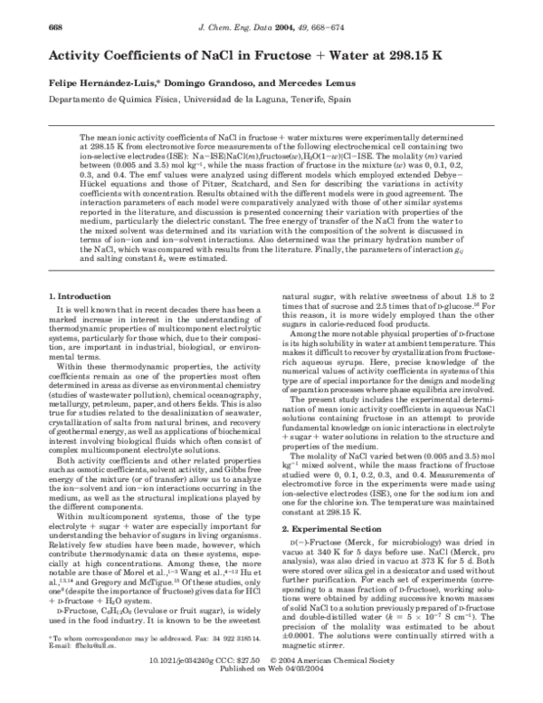 (PDF) Activity Coefficients of NaCl in Fructose + Water at 298.15 K