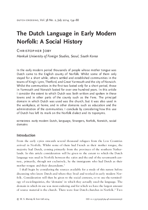 (PDF) The Dutch Language in Early Modern Norfolk: A Social History