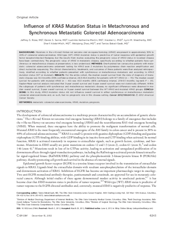 (PDF) Influence of KRAS mutation status in metachronous and synchronous ...