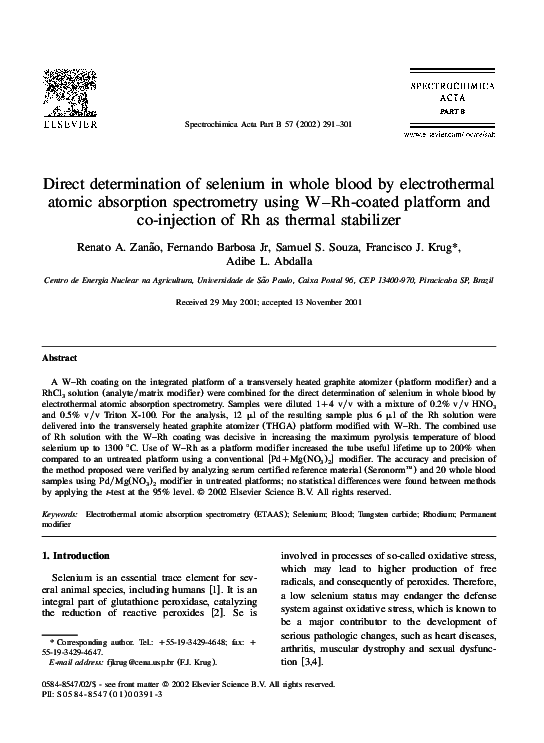 (PDF) Direct determination of selenium in whole blood by electrothermal ...