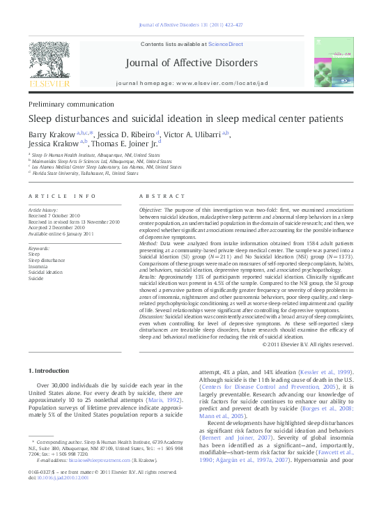 (PDF) Sleep disturbances and suicidal ideation in sleep medical center ...
