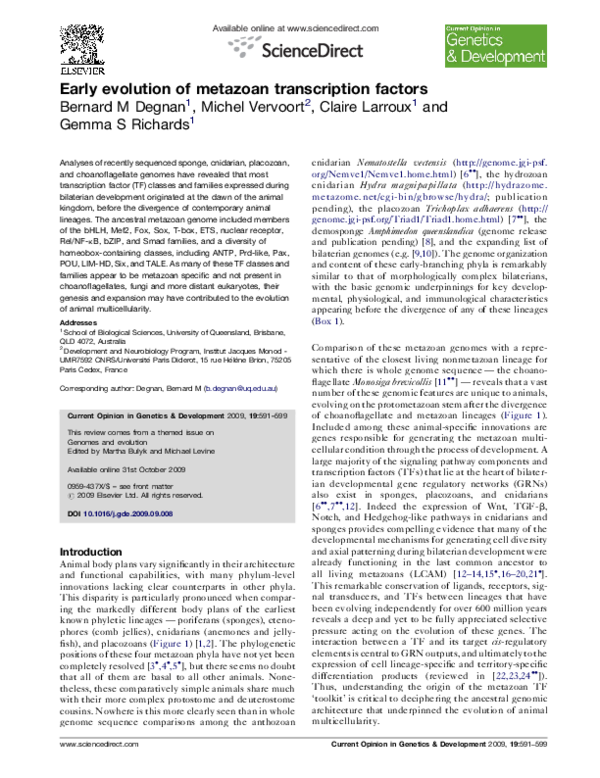 (PDF) Early evolution of metazoan transcription factors | Michel ...