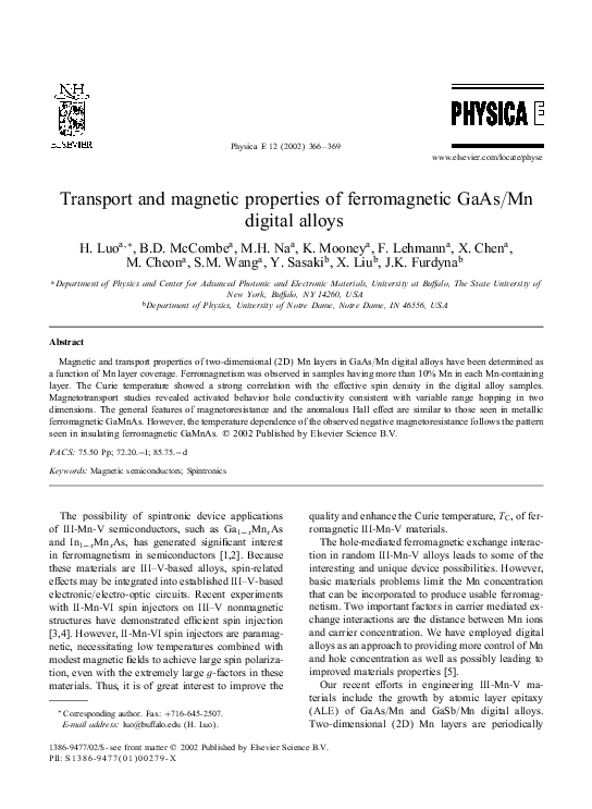 (PDF) Transport and magnetic properties of ferromagnetic GaAs/Mn ...