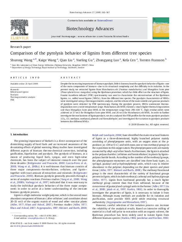 (PDF) Comparison of the pyrolysis behavior of lignins from different ...