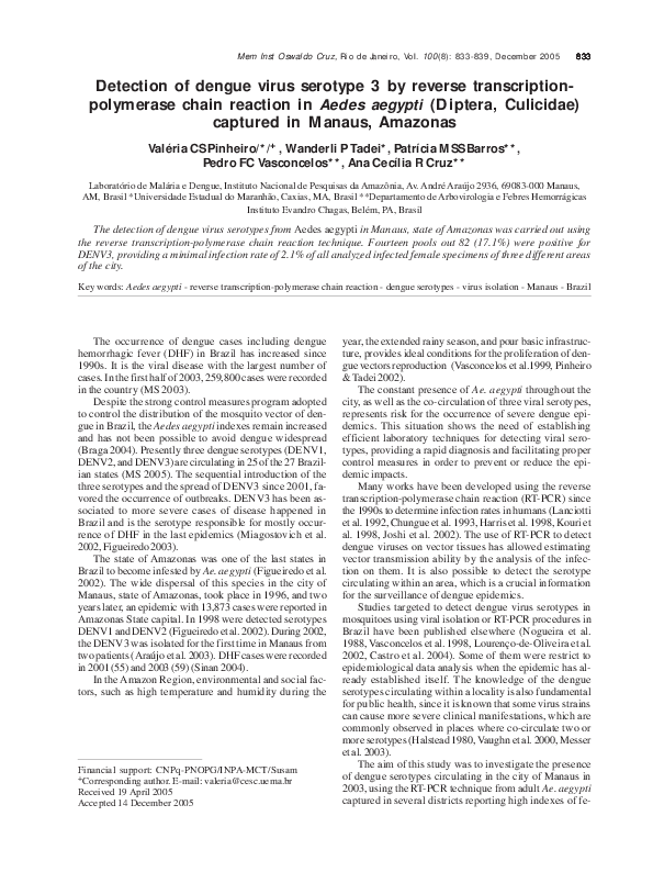 (PDF) Detection of dengue virus serotype 3 by reverse transcription ...