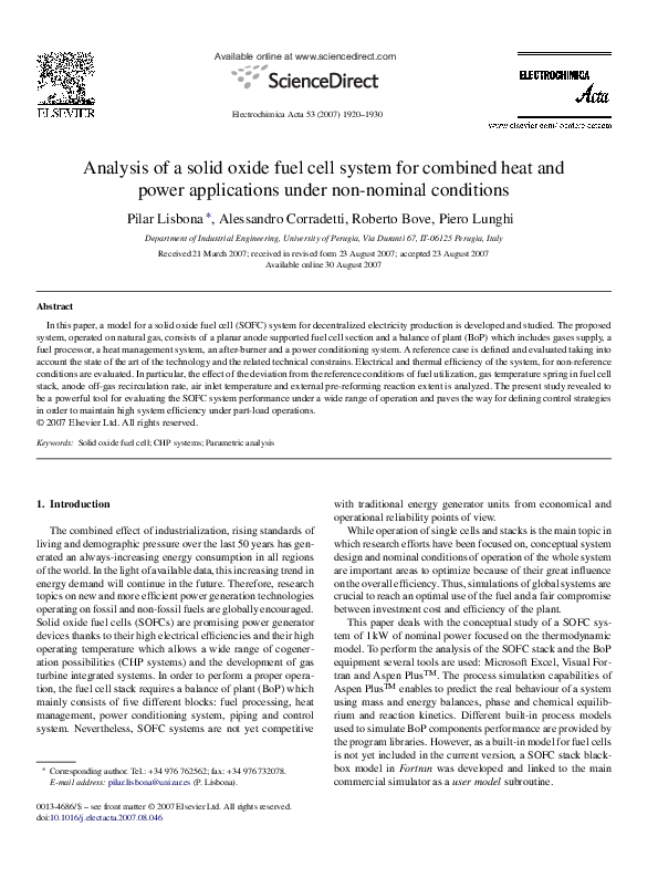 (PDF) Analysis of a solid oxide fuel cell system for combined heat and ...