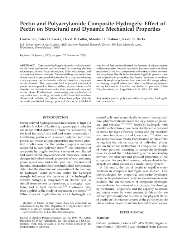 (PDF) Pectin and polyacrylamide composite hydrogels Effect of pectin