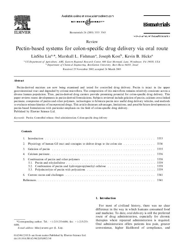 (PDF) Pectinbased systems for colonspecific drug delivery via oral