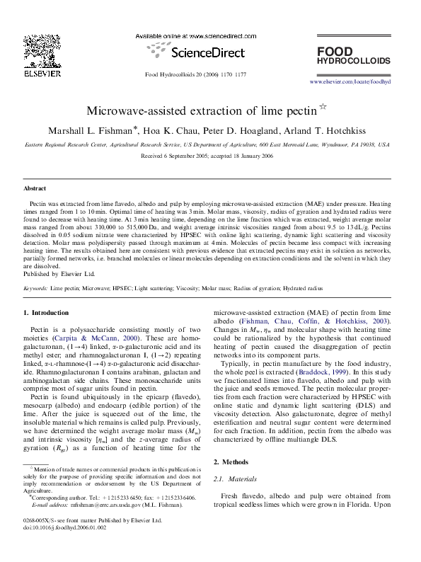 (PDF) Microwaveassisted extraction of lime pectin Marshall Fishman