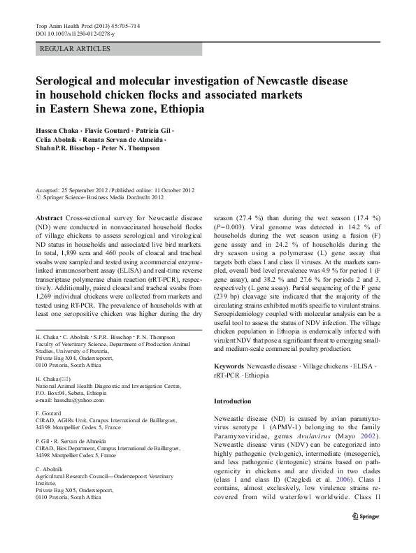 Pdf Serological And Molecular Investigation Of Newcastle Disease In Household Chicken Flocks And Associated Markets In Eastern Shewa Zone Ethiopia Flavie Goutard And Hassen Chaka Academia Edu
