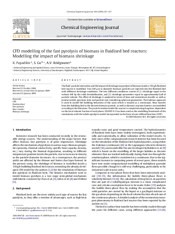(PDF) CFD modelling of the fast pyrolysis of biomass in fluidised bed ...