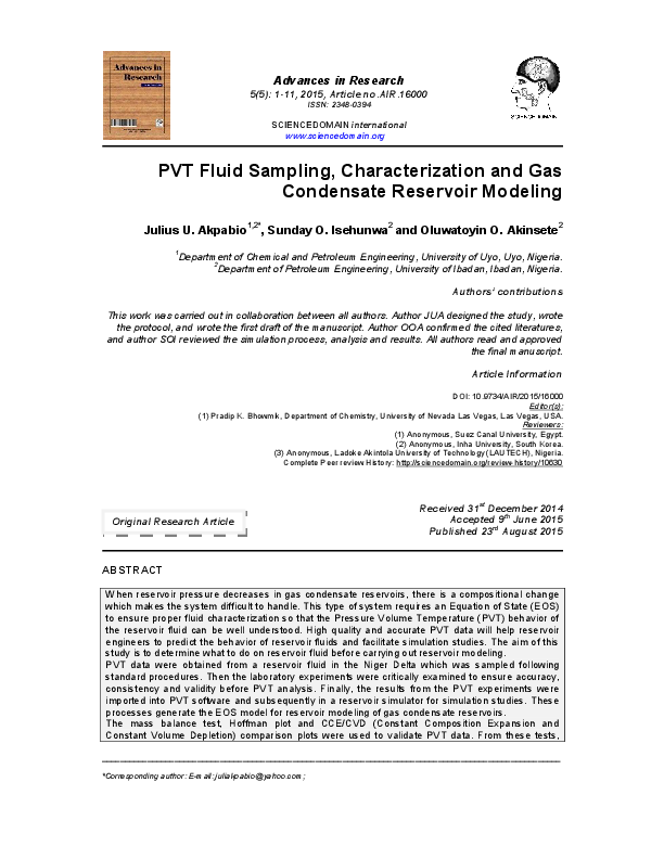 (PDF) PVT Fluid Sampling, Characterization and Gas Condensate Reservoir Modeling Julius U
