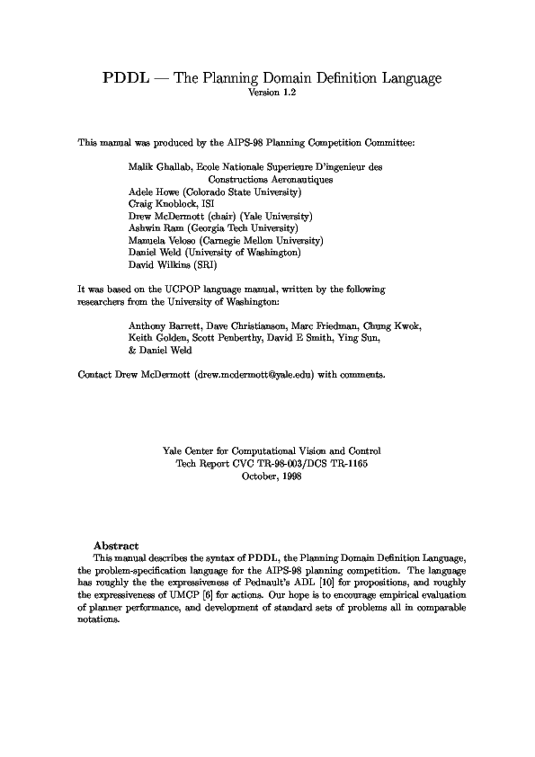 PDF) PDDL - The Planning Domain Definition Language