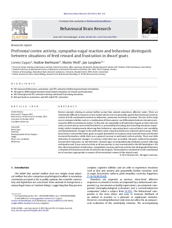 (PDF) Prefrontal cortex activity, sympatho-vagal reaction and behaviour