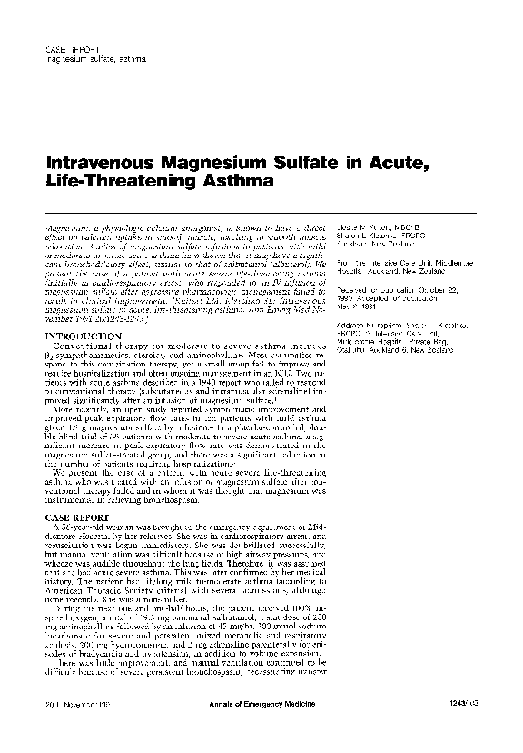 (PDF) Intravenous magnesium sulfate in acute, lifethreatening asthma