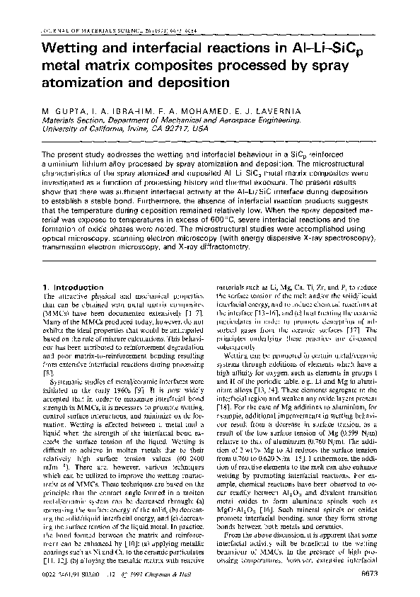 (PDF) Wetting and interfacial reactions in AlLiSiCp metal matrix