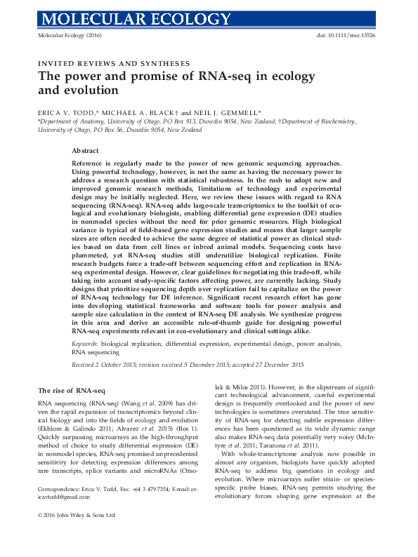 (PDF) The power and promise of RNA-seq in ecology and evolution