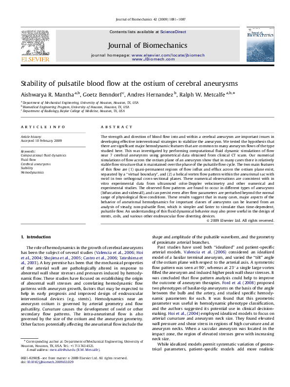 (PDF) Stability of pulsatile blood flow at the ostium of cerebral aneurysms