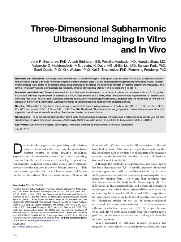 (PDF) Three-Dimensional Subharmonic Ultrasound Imaging In Vitro and In Vivo