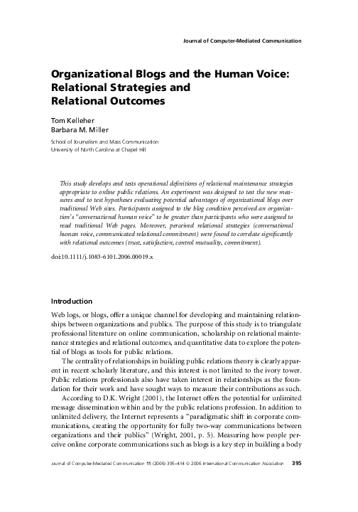 (PDF) Organizational blogs and the human voice Relational strategies