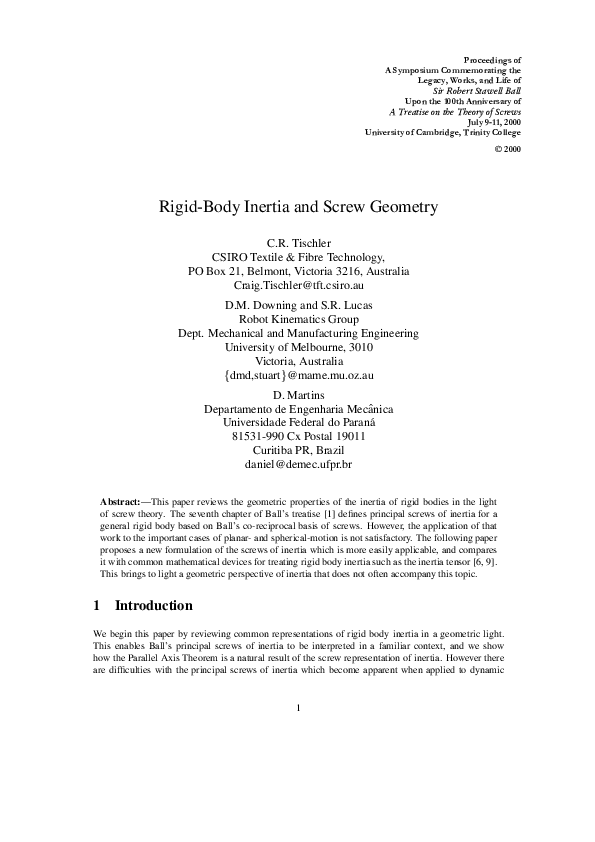 (PDF) Rigid-Body Inertia and Screw Geometry