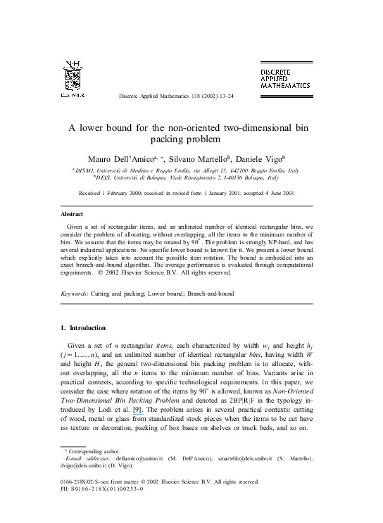 (PDF) A lower bound for the nonoriented twodimensional bin packing