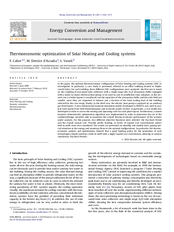 (PDF) Thermoeconomic optimization of Solar Heating and Cooling systems