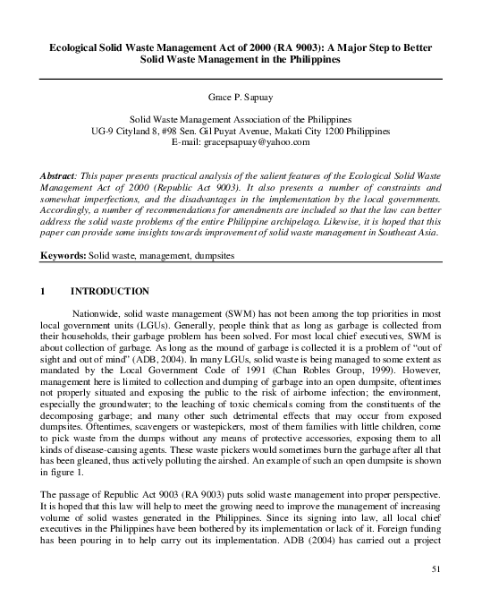 (PDF) Ecological Solid Waste Management Act of 2000 (RA 9003) A Major