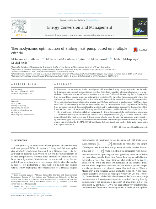 (PDF) Thermodynamic optimization of Stirling heat pump based on ...
