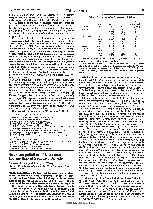 (PDF) Selenium pollution of lakes near the smelters at Sudbury, Ontario