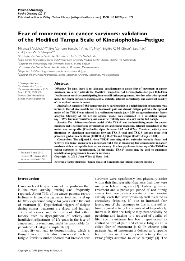 (PDF) Fear of movement in cancer survivors: validation of the Modified ...